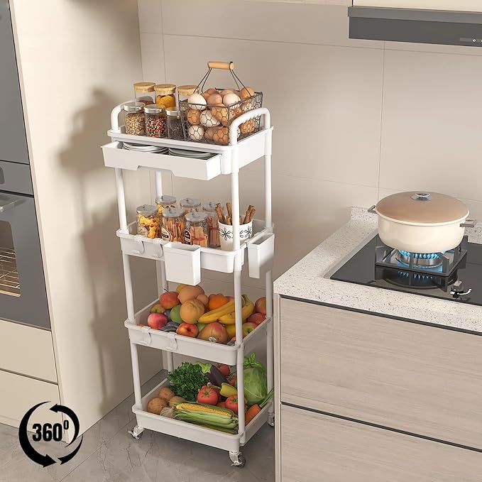 4 Tier Rolling Utility Cart with Drawer, Plastic Storage Organizer Rolling Carts with Wheels Handles Hanging Cups Hooks for Office, Bathroom, Kitchen,Craft Art Room (White)