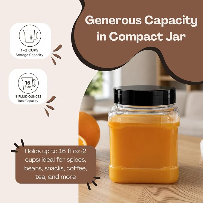 Pride of India 16 Fl Oz Clear Storage Jar with Dual Opening Lid | Food Grade PET Plastic Square Grip Jar | Reusable Organizer for Kitchen, Pantry, Coffee, Spices, Snacks, Crafts | 1-2 Cup Capacity