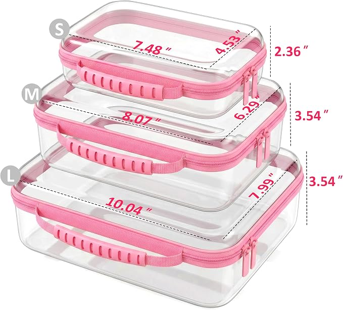 Clear Hard Shell Organizer Cases, 3 Pack with Handle | Durable PET shell with water-resistant, scratch-resistant surface for travel, toiletries, electronics and toys