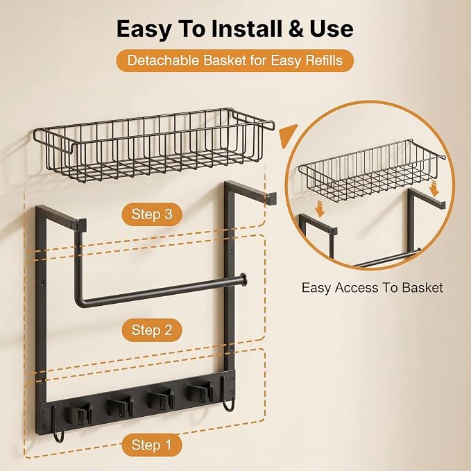 Broom Holder Wall Mount with Paper Towel Holder& Removable Anti-fall Basket | Broom and Mop Organizer Wall Mount Cleaning Supplies Organizer for Laundry Room, Apartment, Utility Room