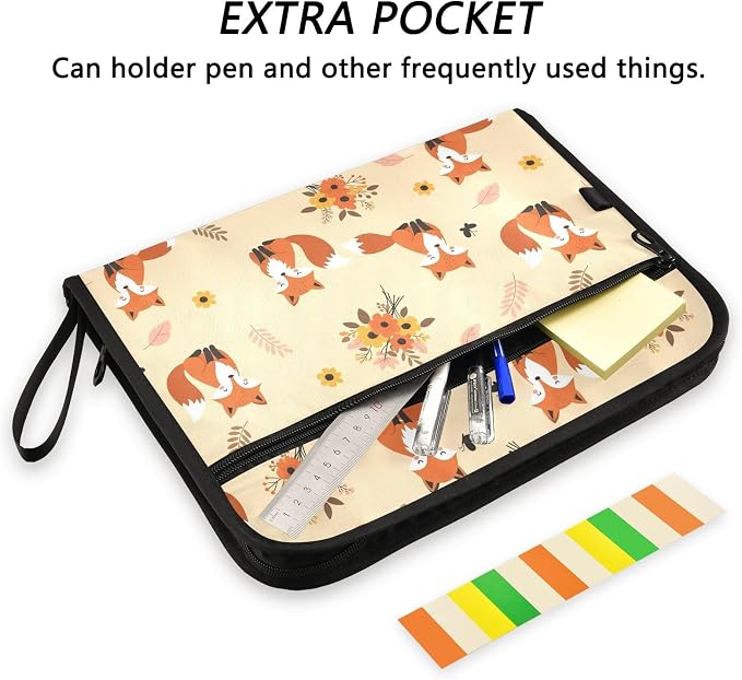 13 Pocket Zipper Expanding File Folder A4 Cartoon Fox Animal | Accordion File Organizer with Front Pouch A4 Letter Size Portable Folders for Documents Receipt School Office Supplies