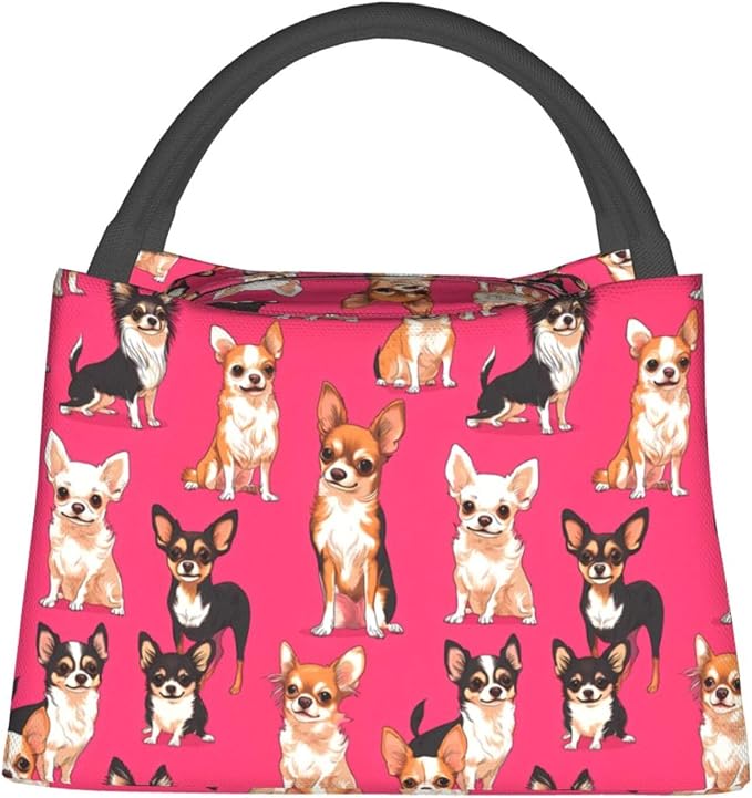 Chihuahua Insulated Lunch Box for Kids Adults Pet Lovers,Reusable Tote Bag with Playful Dog,Portable Lunchbox Handbag,Makeup Bags Organizer Gifts for Work Office Travel Picnic,11x6.3x6.7in