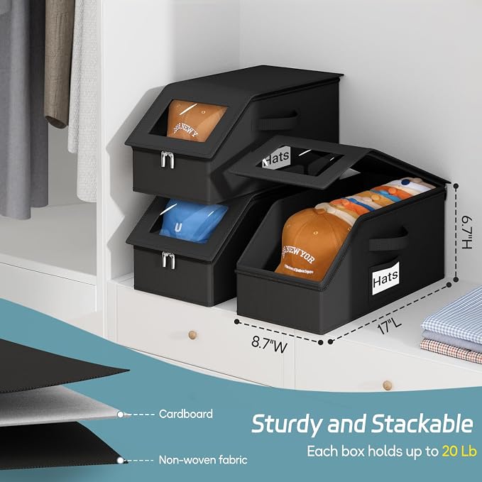 AOODA 3 Pack Stackable Hat Storage Box for Baseball Caps, Holds 36 Caps | Hat Organizer for Closet, Sturdy Hat Boxes for Men, with Cardboard, Space-Saving, Pure Black
