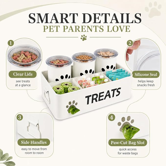 Dog Treat Organizer, 3 Pack 28 Oz Metal Dog Treat Containers with Airtight Lids, Dog Treat Jars and Canister Set for Countertop, Pet Food Treats Station for Dog Cat Biscuits, Kibble(White)