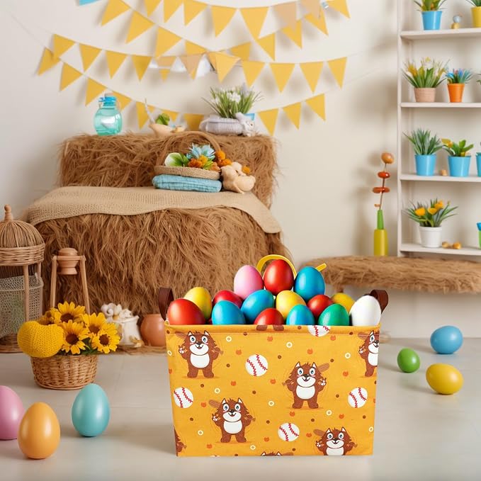 Kid Cute Storage Basket Baby Gift Basket Collapsible Rectangle Canvas Storage Bin for Nursery Playroom Bedroom Decor Organizer (Cartoon Bear Baseball)