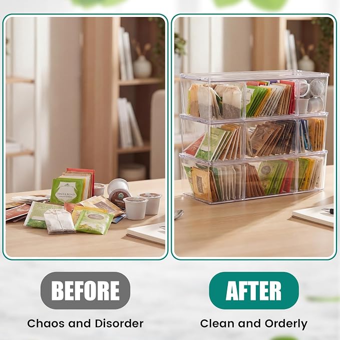 Hoteam 3 Pack Flip Top Tea and Coffee Organizer with Lids, Clear Stackable Plastic Tea Bag Storage Organizer for Cabinet Counter Countertop Pantry, Sweeteners (3 Grids)