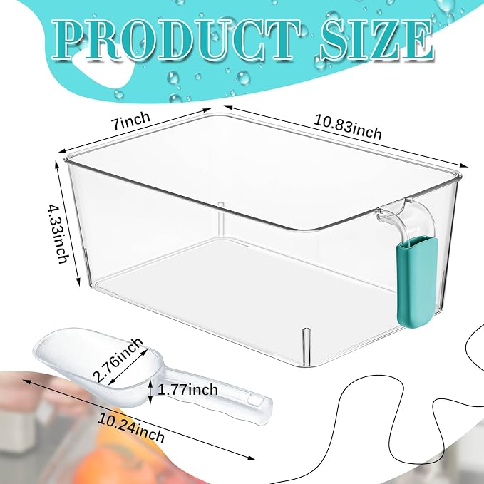 Havawish Ice Storage Bin and Flexible Scoop Set Plastic Freezer Bin | Freezer Ice Bin Scoop, Clear Bucket Container, Pull Handle, Flexible Storage, 10.83 X 7 X 4.33 in