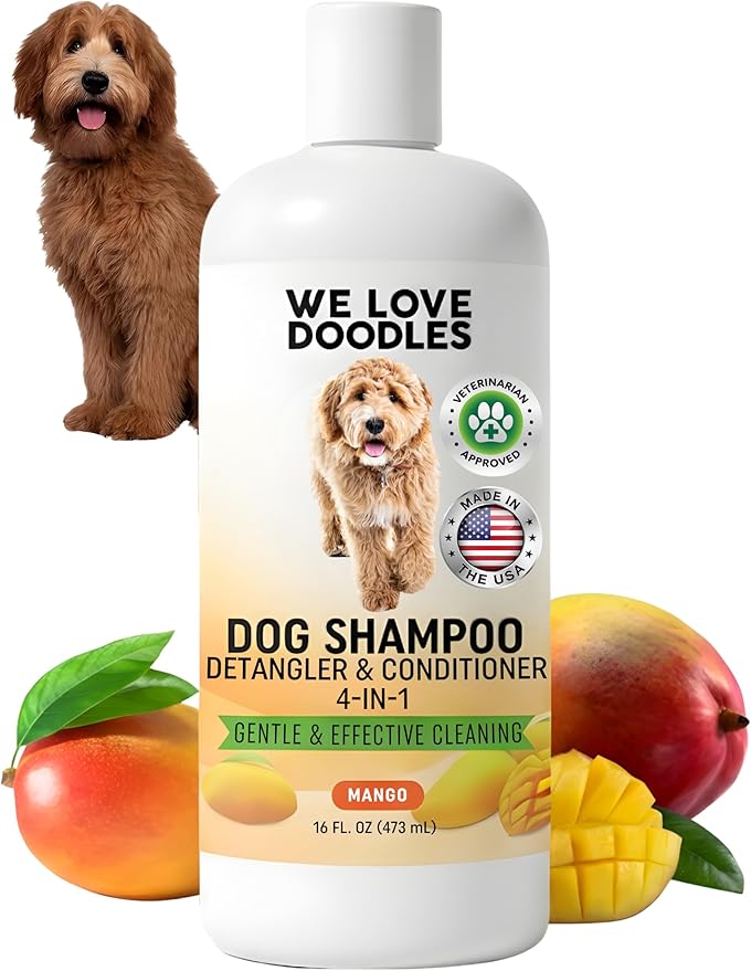 We Love Doodles Dog Shampoo, Conditioner, & Detangler - Shampoo for Dogs, Goldendoodles, Poodles & Doodles, for Matted Pet Hair & Sensitive Skin, Made in The USA, Mango, 16 oz