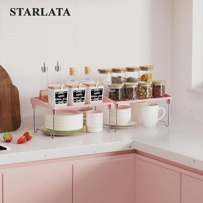 STARLATTA 2 Pcs Cabinet Organizer Shelf，Stackable Kitchen Counter Shelves, Spice Rack,Countertop Organizers，Pink Plastic Storage Shelves Rack for Makeup，Bathroom, Cupboard，Desk，Pantry Organization