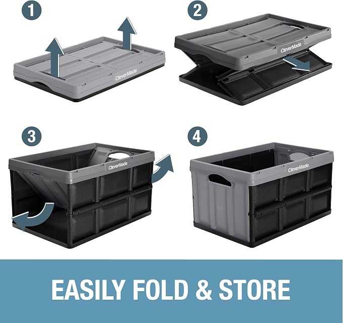 CleverMade Collapsible Storage Bins, 62L, 3 Pack Foldable Storage, Stone | Haul Bulk Groceries and Oversized Gear in Fewer Trips | Each Bin Holds 100 lb, Stacks Securely, and Folds to 2.75 Inches