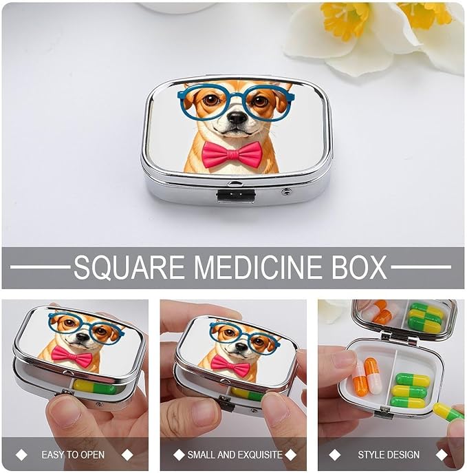 Pet Dog Soft Bow Tie, Oversized Glasses Pill Box 2 Compartment Medicine Pill Case Portable Pill Organizer for Pocket Or Purse Decorative Metal Medicine Vitamin Organizer