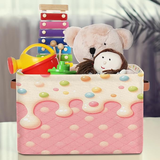 Pardick Waffle Basket Storage Bins Rectangle Canvas Basket Cube Storage Box | Nursery Foldable Basket with Handle for Kids Girls Boys Toys Living Room Closet Organizer Shelf Gifts Candy Pink