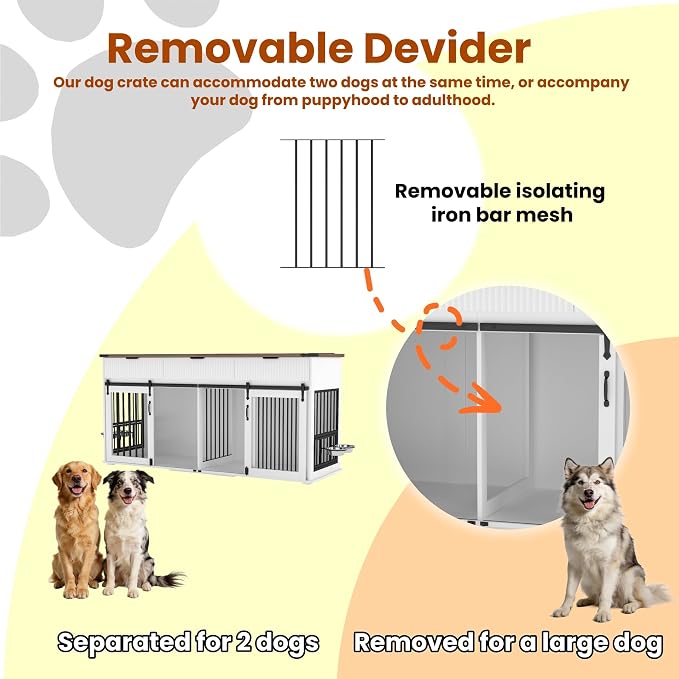 71'' Large Dog Crate for 2 Dogs, Dog Kennel Indoor with 3 Drawers and Removable Divider, Double Dog Crate Furniture with 360° Rotating Feeder, Wooden Dog Cage for Medium Large Dogs (White)