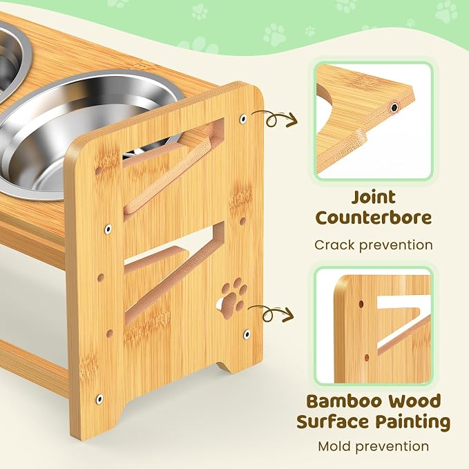 Elevated Dog Bowls, Adjustable Raised Dog Bowl Stand for Medium and Small Dog, 11" High Bamboo Pet Food Feeder with 2 Stainless Steel Dishes（4 Heights）