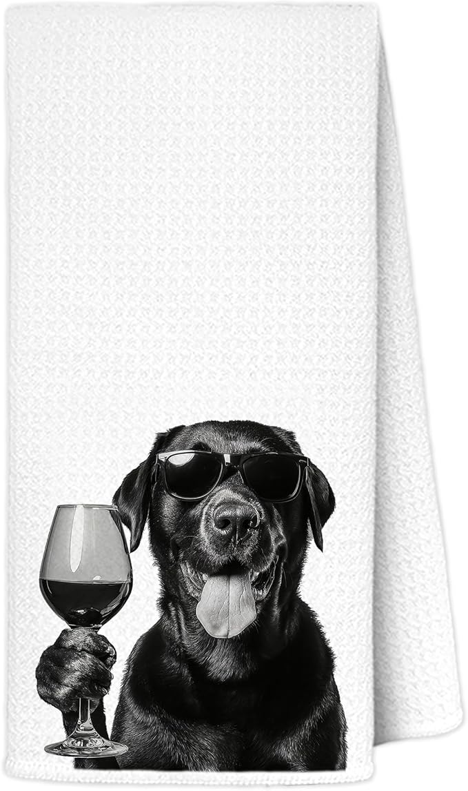 Funny Black Labrador Retriever Drinking Wine Kitchen Towels 16x24 Inch, Black Lab Gifts Decorative Hand Towels for Kitchen Home Bar, Wine Lover Gifts Dish Tea Towel Drying Cloth