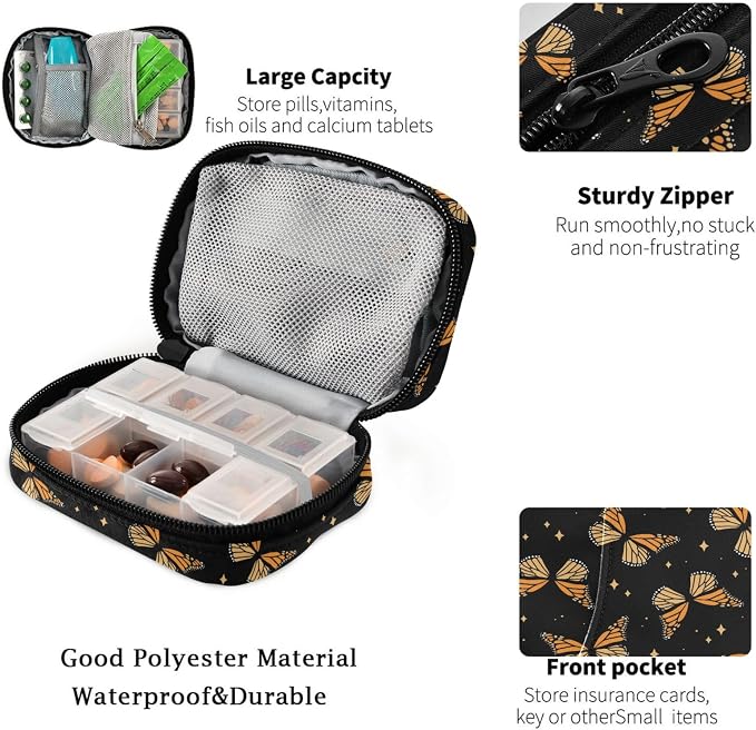 Fustylead Beautiful Monarch Butterflies and Shining Stars Pill Organizer Case with Zipper 2 Times A Day for Vitamin and Supplement, 7 Day Travel Organizer Medicine Case