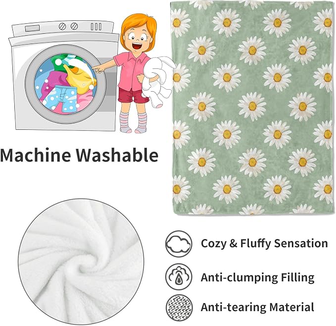 Daisy Blanket Butterfly White Floral Pattern on Mint Green Throw Blankets Gifts for Girls Women Lightweight Soft Fleece Cozy for Sofa Couch Bed Room Birthday Boho Spring Decor 50x60in