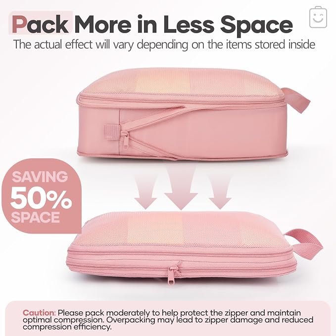 Veken 11 Set Compression Packing Cubes Garment Bags for Travel Essentials,Compressible Expandable Luggage Organizer Bags for Clothing,Space Saver Bags with Over 1000 pcs of Mesh Holes(Pink)