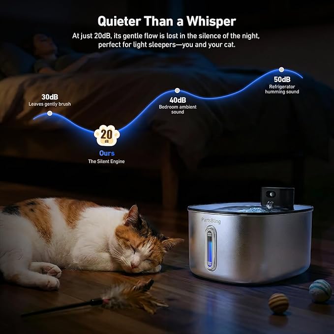 PartsBling Wireless Cat Water Fountain Stainless Steel, 4.2L/142fl oz Ultra Quiet Pet Water Dispenser Bowl for Cats & Dogs, Cordless Dog Water Fountain with 5000 mAh Battery Operated with 4 Filters