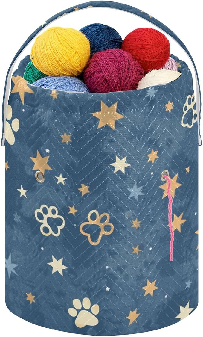 Fustylead Beautiful Shooting Stars and Paw Prints Yarn Knitting Crochet Drawstring Bag with Customized Front Compartment, Portable Large Storage Basket for Crocheting Project, Kit, Yarn Ball, Needles