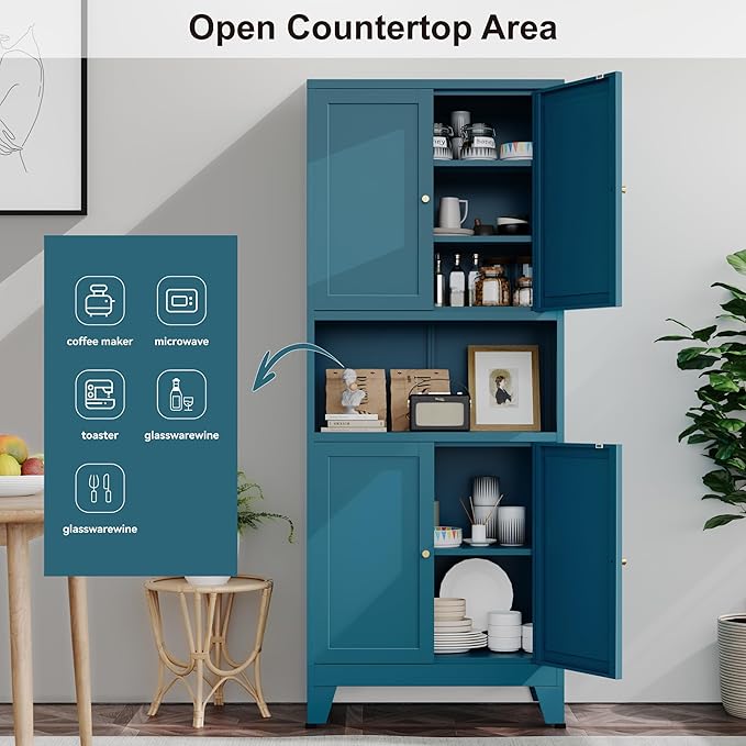 YAUWOH 69" Tall Metal Pantry Cabinet with Microwave Shelf, 4 Doors & 3 Adjustable Shelves, 120LBS Per Shelf Heavy Duty Storage Cabinet with Anti-Tip Design for Kitchen,Dining Room (1PC,Blue)