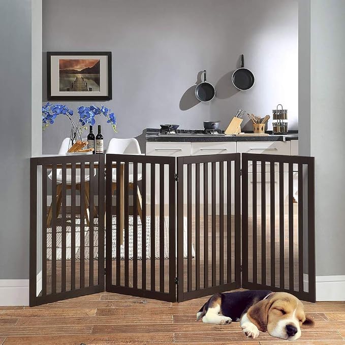 unipaws 36”H Free Standing Pet Gate for Dog Cat, 80”Wide Wooden Dog Gates | Foldable Pet Fence for Doorway, Stairs, Step, Expandable Doggy Barrier, Indoor Use