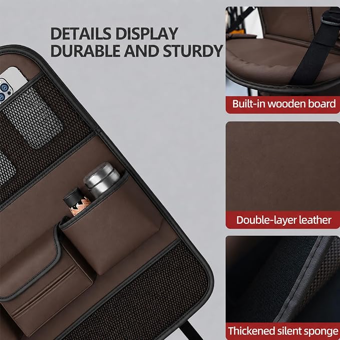 2 Pack Leather Car Backseat Organizer with Foldable Table Tray, Universal Car Seat Back Protector Kick Mat with Touchscreen Tablet Holder, Storage Pockets, Cup Holders & Tissue Holder, Brown