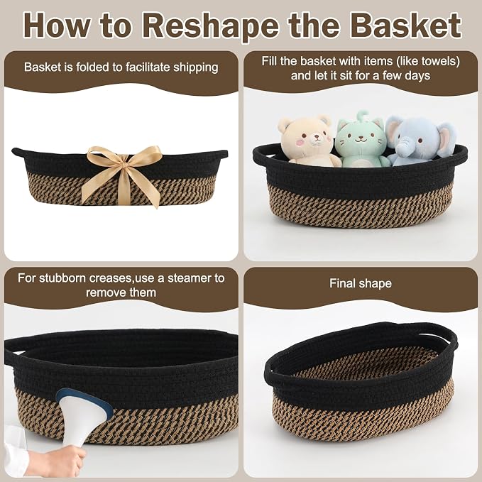 Basket for Gifts Empty, Small Woven Basket with Bags and Ribbons, Baby Toy Baskets with Handles, Wicker Storage Bin for Baby Showers or Pet Toy (Black & Brown, 1 Pack (12"x 8"x 3.74"))