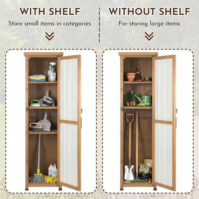Ketive Tall Narrow Outdoor Storage Cabinet, 62-Inch, 3 Adjustable Shelves | Fir wood frame and corrugated metal panels with a protective top for garden tools on covered patios, porches and garages.