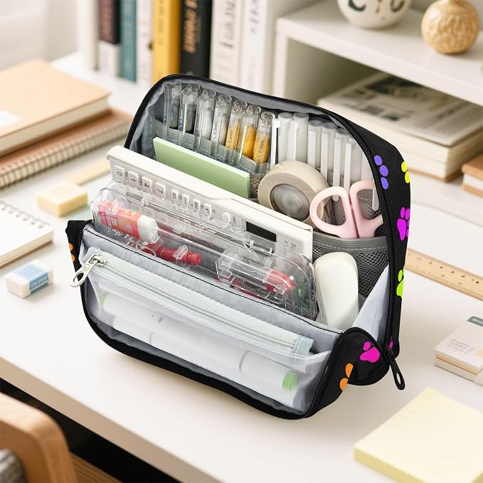 Aslsiy Large Capacity Pencil Case Bright Color Pet Paws (4) Pencil Pouch for Boys Girls Portable Pen Bag Organizer Standing Makeup Bag for School Office Supplies
