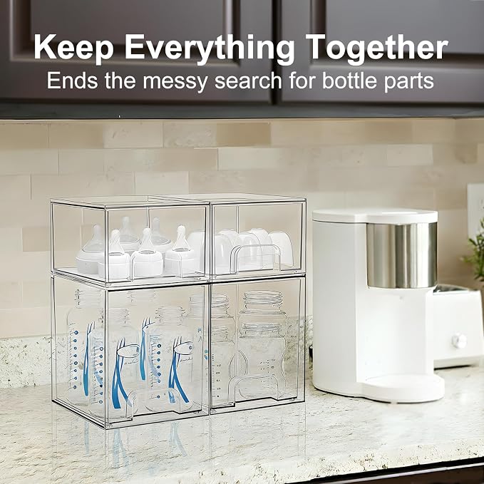 Bottle Storage Organizer Baby: Acrylic Stackable Storage Drawers | Clear Bottles Station Organizer for Countertop, Vanity, Bathroom, Cabinet Organization - 4 Pack