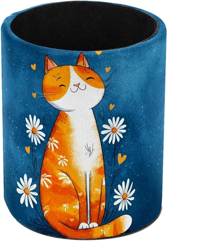 Faux Leather Pen Holder for Desk, Pencil Organizer Cute Cat Pen Cup Desk Decor Makeup Brush Holder Storage for Office Home