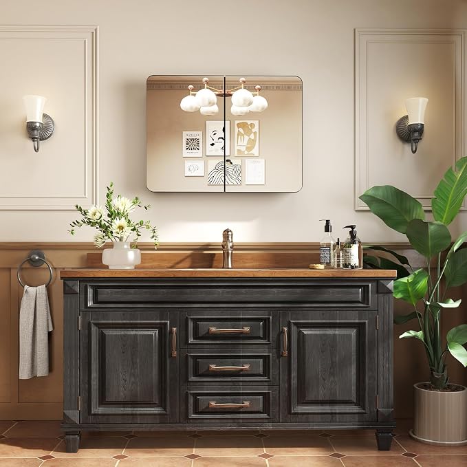 32x24 in Double Door Medicine Cabinet with Mirror, Matte Black | Fully Assembled; Recessed or Surface Wall Mount; Metal Cabinet with Tempered Glass Mirror and Two Adjustable Glass Shelves