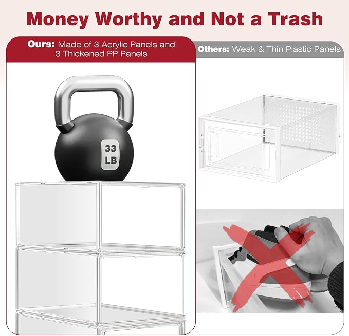 12 Pack Clear Shoe Storage Boxes Stackable, Large Sneaker Organizer | Acrylic Magnetic Door, Plastic Drop Front Shoe Containers for Men up to Size 12.5, Transparent Shoe Organizer for Closet