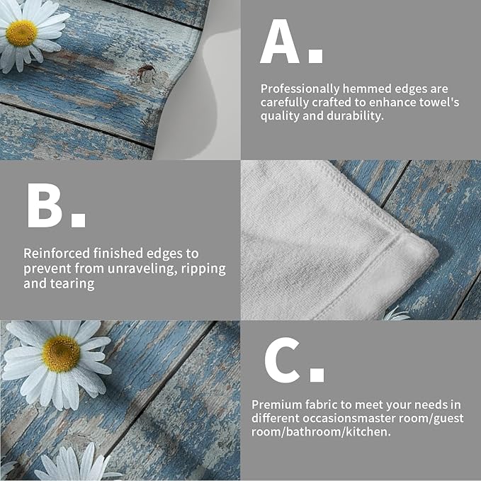 Giwawa Rustic Daisy Wood Grain Hand Towel,15x30 Set of 2,Country Retro Flower on Light Blue Wooden Board Hair Face Towel Farmhouse Wildflower Floral Cabin Planks Towel for Bathroom Girl Woman Guest