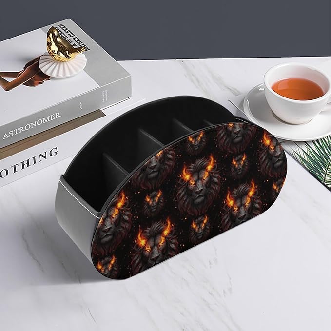 TV Remote Controllers Holder Fire Cool Lion Black Bedside Table Organizer | Desktop Storage Caddy Box, Fire Cool Lion Black, Pu Leather, 5 Compartments for Controller, Media Player