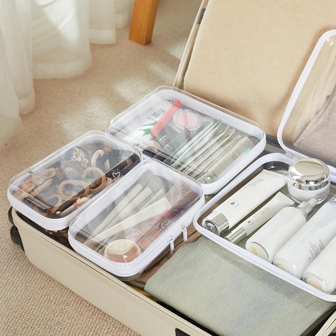 4PCS Large Clear Hard Shell Zipper Case, Makeup Organizer & Toy Storage Bag for Lego Bricks, Diaper Pouches, Cosmetic Bags, Transparent Pencil box, Puzzle Board Game, Portable Travel Toiletries