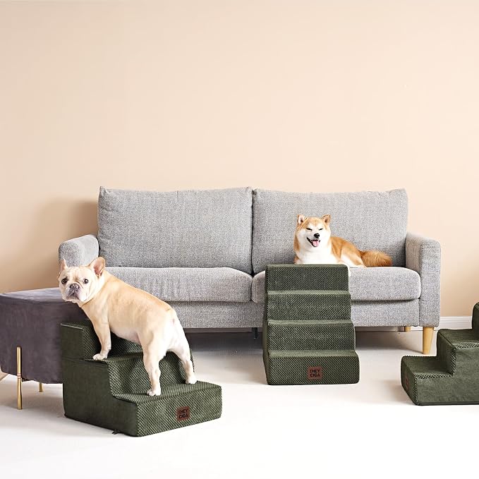 EHEYCIGA Dog Stairs for Bed 18" H, 4-Step Extra Wide Dog Steps for High Bed, Pet Steps for Small Dogs and Cats, Non-Slip Balanced Pet Ramp Indoor, Military Green