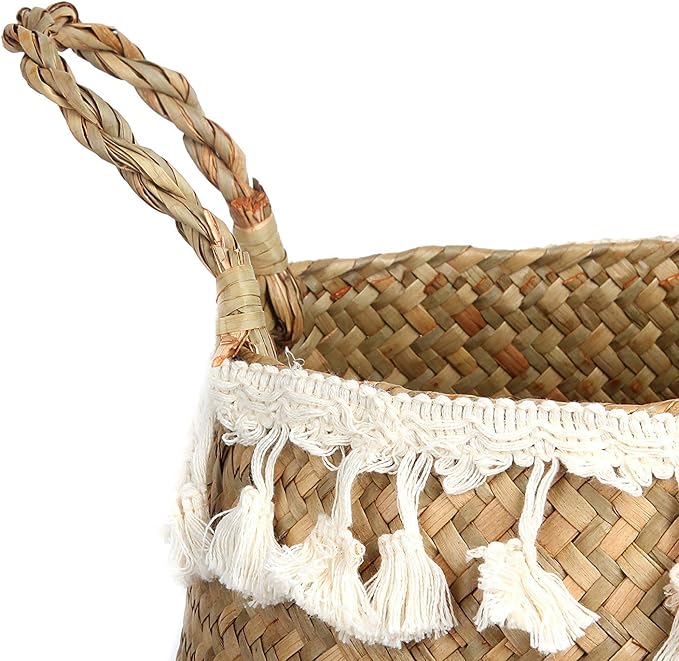 Tassel Macrame Woven Seagrass Belly Basket for Storage, Decoration, Laundry, Picnic, Plant Basin Cover, Groceries and Toy Storage (Large, Tassel)