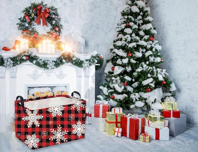 Rectangular Christmas Baskets,Snowflakes Basket Empty,Waterproof PE Coating Cute Bins for Kids with Handles,Gifts Baskets,Books Bin. (Red snowflakes)