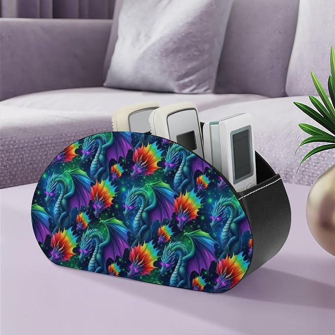 5-Slot Remote Control Caddy Holder Colorful Dragon Desktop Organizer | Colorful Dragon Makeup Brush Storage Box Office Supplies, Fit for Controller, Media Player, Stationery