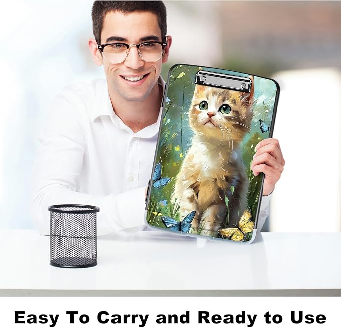 A4 Clipboard with Storage Pen Holder, Clipboards Organizer Nursing Clipboard Foldable File Folder Plastic Clipboard Folio Clip Board for Office Work Classroom Doctor, Lawn Cat Butterfly