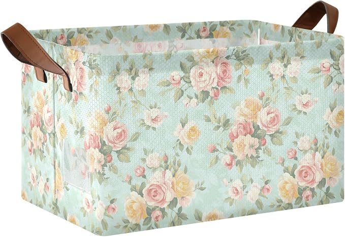 French Country Style Roses and FlowersStorage Bins for Shelves with Labels&Handles Fabric Organizer Bin Foldable Rectangle Storage Basket Boxes for Closet, Bathroom, Home, Living Room