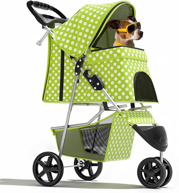 Magshion 3-Wheel Pet Stroller for Small/Medium Dogs & Cats, Up to 33lbs | Foldable Travel Jogger w/ Breathable Mesh Cover, Lightweight Design, Safety Tethers, Cup Holder & Storage Basket