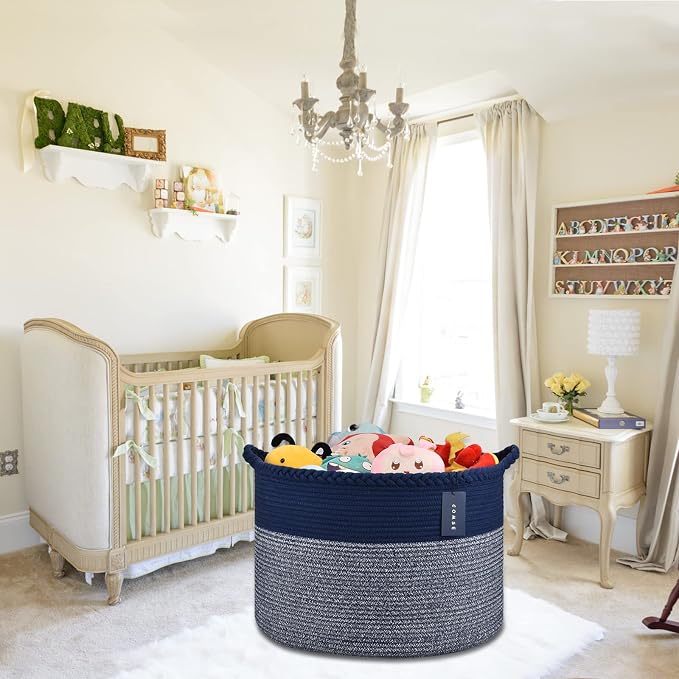 COMSE XXXLarge Woven Blanket & Laundry Basket, 87L, Navy Blue | 21.7" x 13.8", Cotton Rope, Nursery Hamper for Storage of Toys Clothes Towels, Ideal for Living Room Bedroom Bathroom