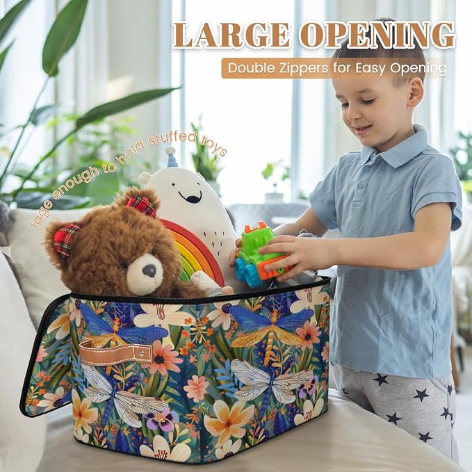 Storage Bin Dragonfly Florals Storage Baskets with Zipper Lid & Handle Foldable Closet Shelf Cloth Organizer Basket Cube Bins Clothes Organizer for Nursery, Bedroom