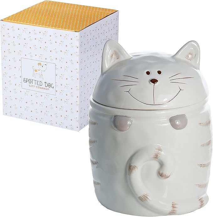 SPOTTED DOG GIFT COMPANY Ceramic Jar with Lid for Countertop, Cat Treat Container, Cute Decorative Kitchen Storage Jar for Tea Coffee Sugar, Gifts for People Who Love Cats, White 16oz