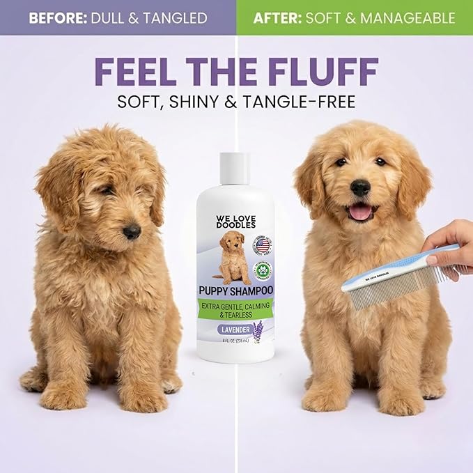 Puppy Shampoo & Conditioner | Made in USA | Tear Free | Best Shampoo for Puppies | Sensitive & Itchy Skin Wash | Oatmeal Bathing | Tearless, Lavender, 8oz [We Love Doodles]