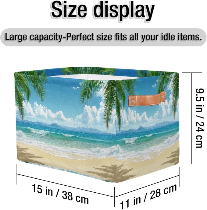 Summer Beach Palm Trees Storage Boxes Theme Storage Nursery Baskets with Handle Closet Collapsible Organizer Shelf Bins for Book Cloth 15 X 11 X 9.5 IN