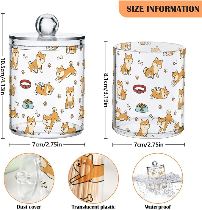 DOMIKING 2 Pack Plastic Cotton Swab Ball Pad Holder Cute Pets Dog White Print Jars Bathroom Storage Organizer Holder Canisters with Lid for Floss Picks Bath Salts Hair Accessories